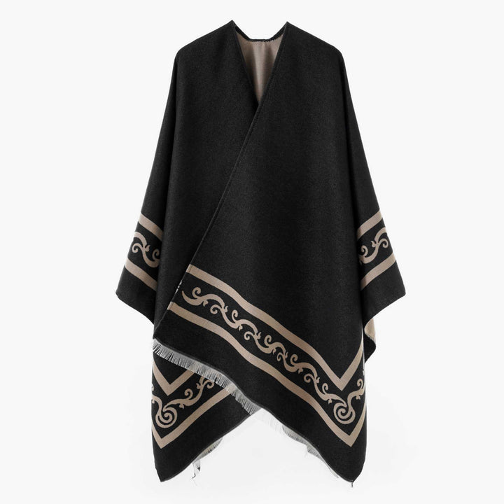 Women's Oversize Cape with Geometric Jacquard and Fringe Hem Mune Fashion