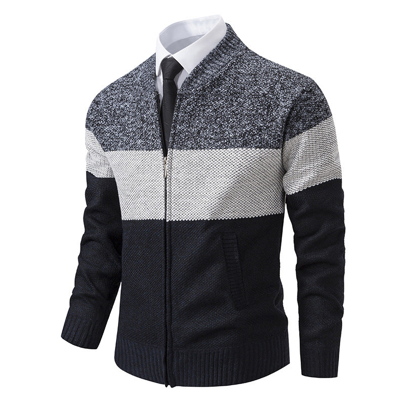 Men's Structured Block Stripe Cardigan with Front Zip, Stand Collar and Patch Pockets Mune Fashion