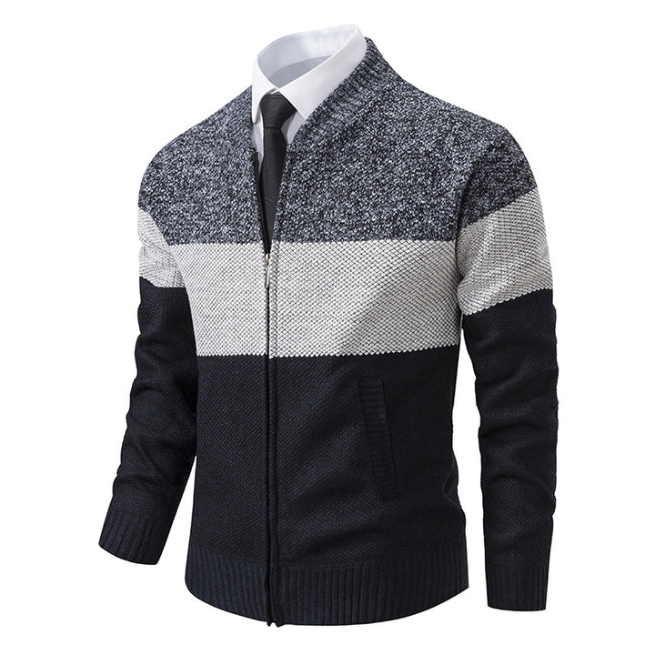 Men's Structured Block Stripe Cardigan with Front Zip, Stand Collar and Patch Pockets Mune Fashion