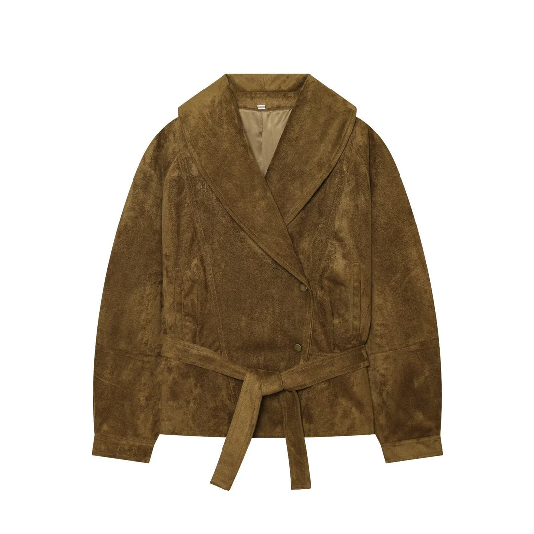 Women's Tailored Velvet Look Wrap Coat with Shawl Collar and Tied Belt Mune Fashion