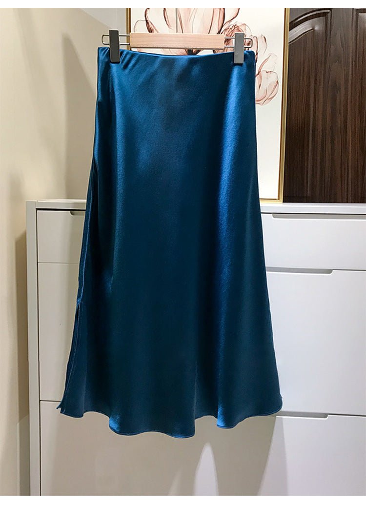 Ladies Elegant Satin Skirt with Asymmetric Slit Mune Fashion