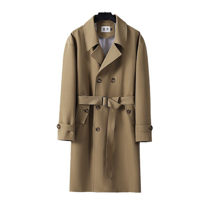 Men's Modern Knee-Length Double-Breasted Trench Coat with Waist Belt Mune Fashion