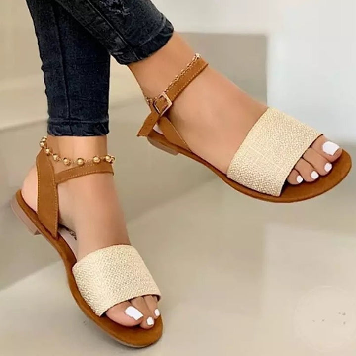 Women's flat sandal with wide rhinestone strap and adjustable ankle strap Mune Fashion