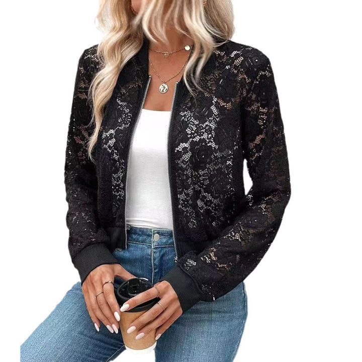 Women's Nan Bomber Jacket with Zip, Ribbed Cuffs and Floral Transparency Mune Fashion