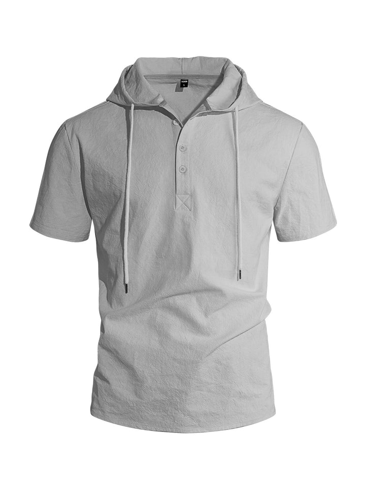 Men's short-sleeved hooded Henley made of slub cotton with concealed button placket and drawstring Mune Fashion