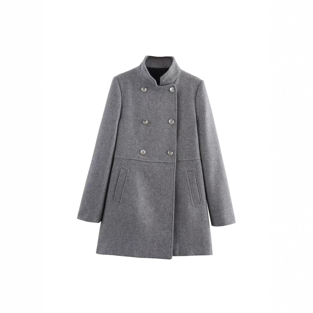 Women's Double-Breasted Wool Blend Coat with Stand Collar and Decorative Buttons Mune Fashion