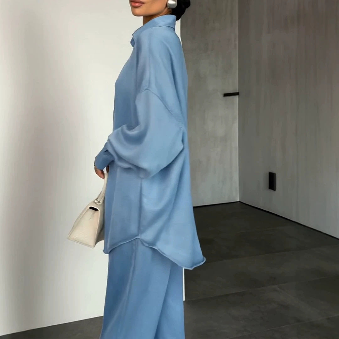Women's Two-Piece Oversized Shirt and Palazzo Set in Flowing Denim Look Drune