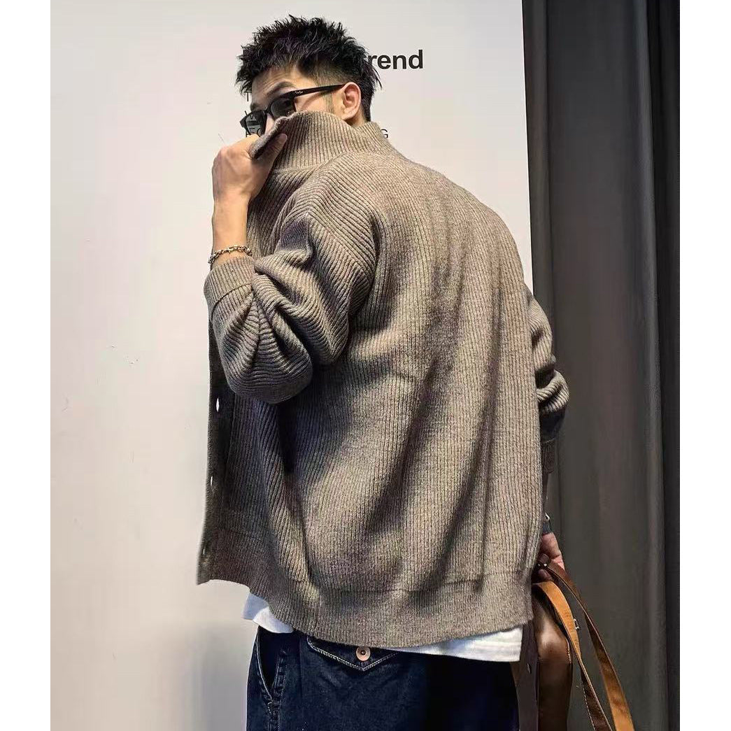 Men's chunky knit jacket with stand-up collar and button placket Mune Fashion
