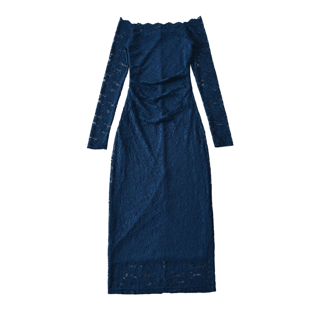 Women's Off-Shoulder Lace Dress with Waist Gather and Long Sleeve