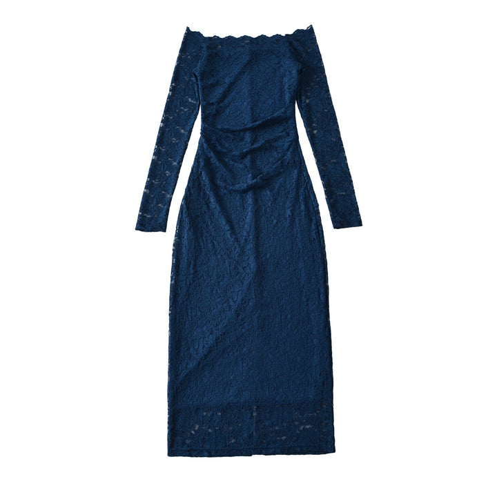 Women's Off-Shoulder Lace Dress with Waist Gather and Long Sleeve