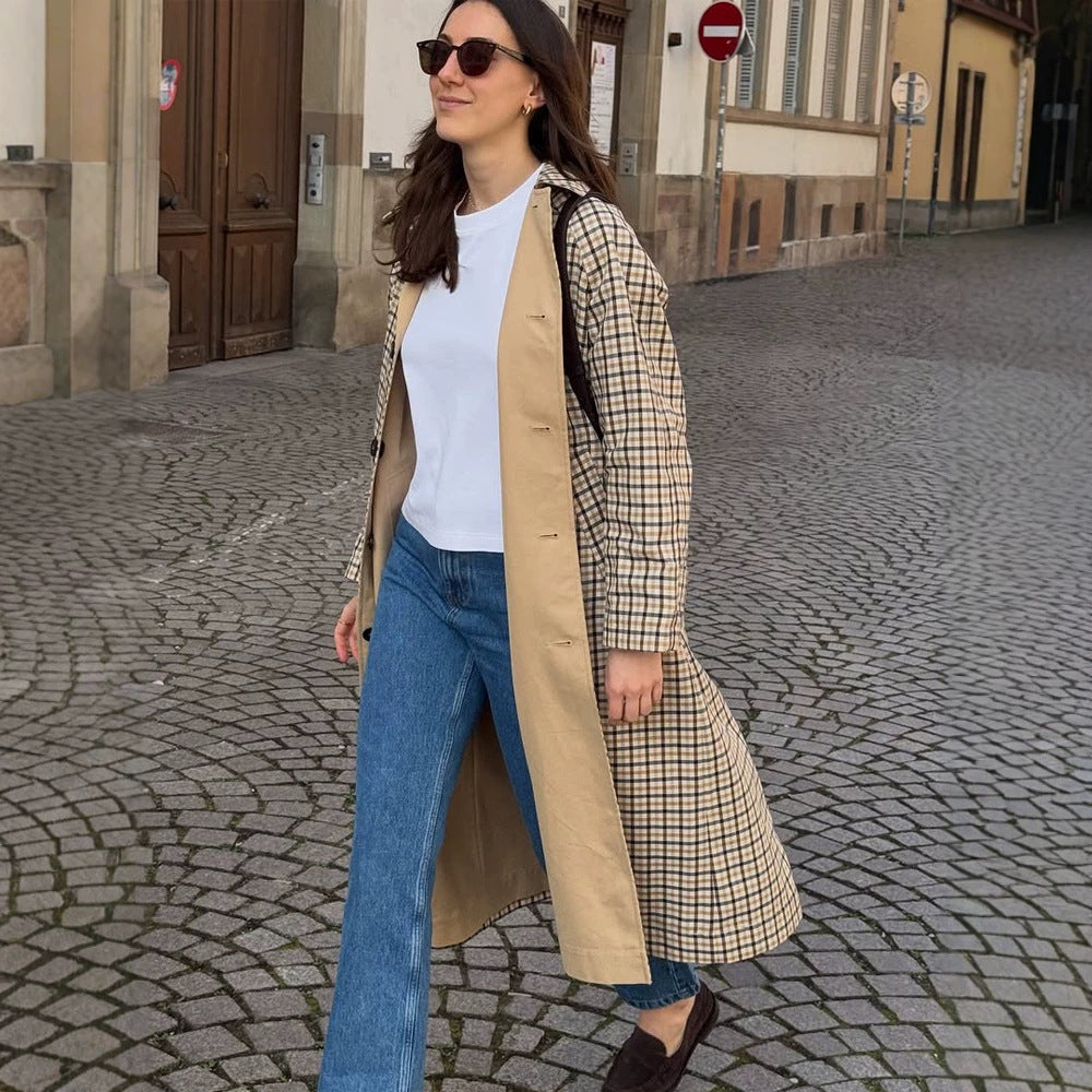 Women’s Maxi Long Checked Wool Blend Coat with Straight Silhouette Mune Fashion
