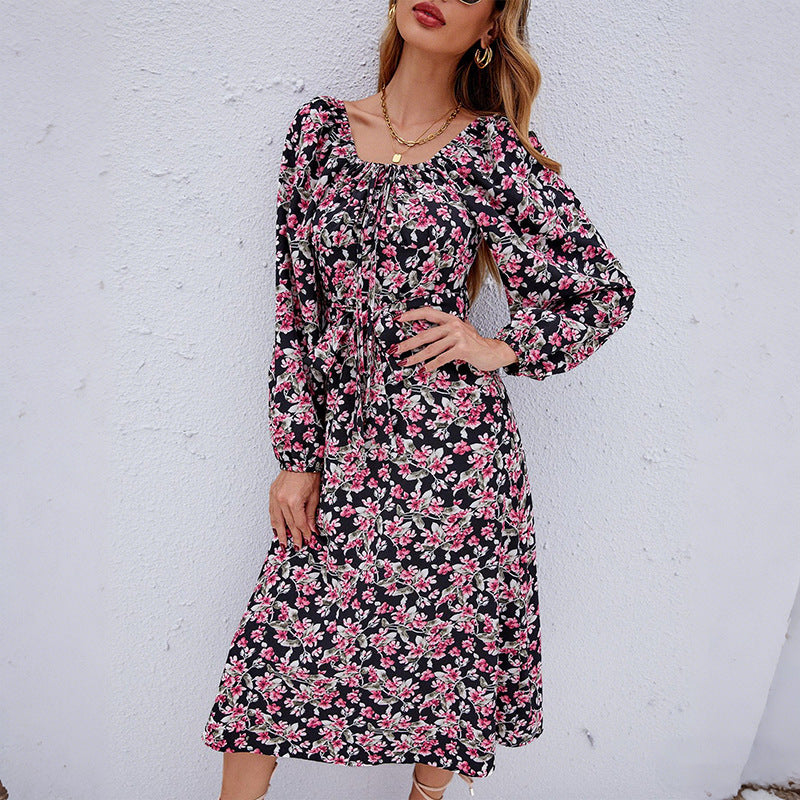 Ladies GMune Fashionlümtes Midi dress with gathered round neckline, waist drawstring, and balloon sleeves Mune Fashion