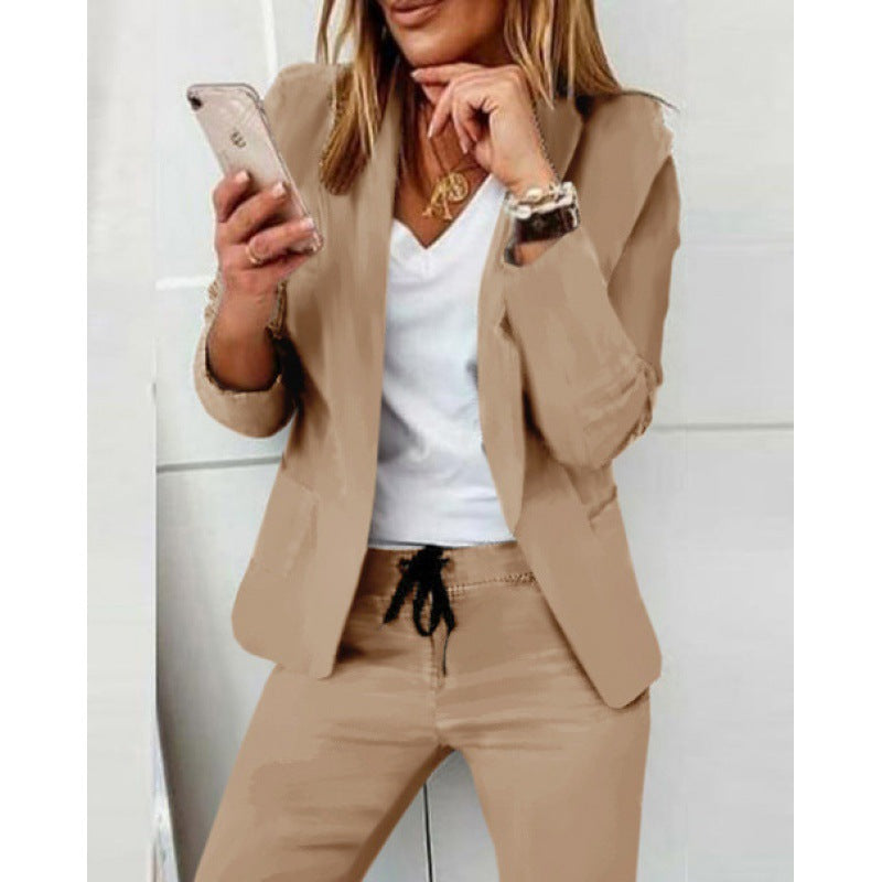 Women's Two-Piece Stretch Jersey Blazer Set with Drawstring Jogging Pants Mune Fashion
