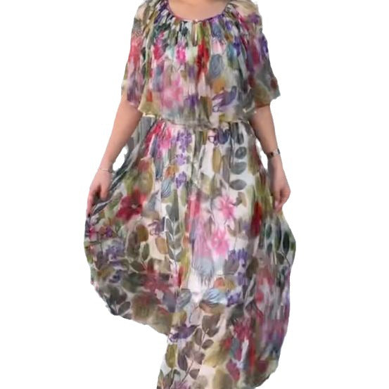 Women’s airy chiffon maxi dress with floral print, gathered round neckline and elastic waistband Mune Fashion