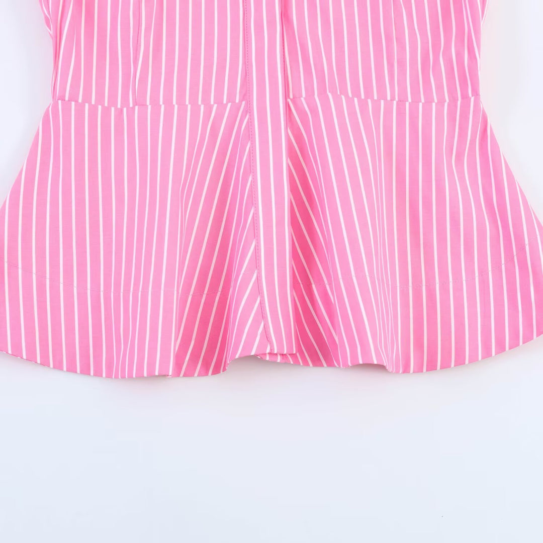 Women's Striped Peplum Blouse with Balloon Sleeves and Shirt Collar Mune Fashion