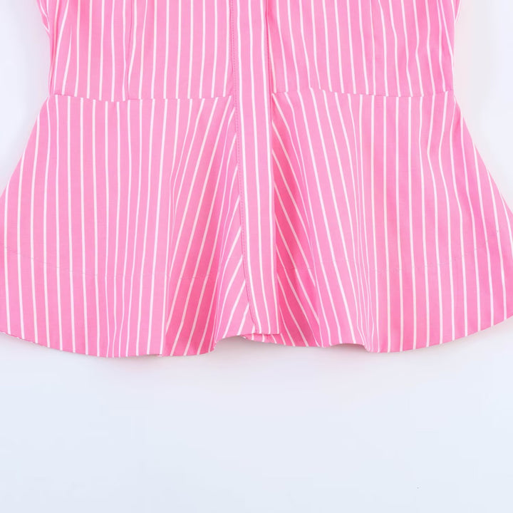Women's Striped Peplum Blouse with Balloon Sleeves and Shirt Collar Mune Fashion