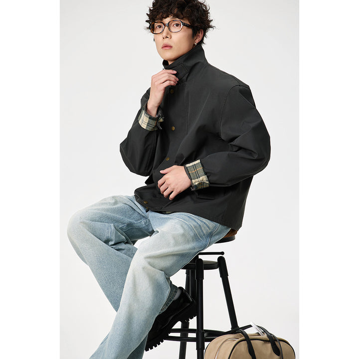 Men's Short-Cut Canvas Field Jacket with Cord Collar and Concealed Snap Placket Mune Fashion