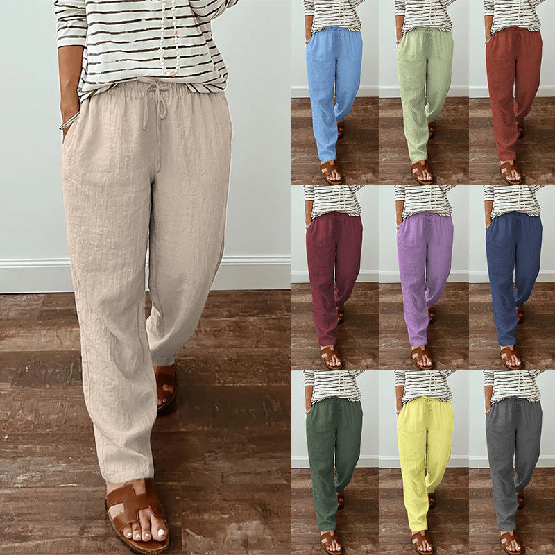 Women's lightweight linen look pants with elastic drawstring, front pockets and wide leg Mune Fashion