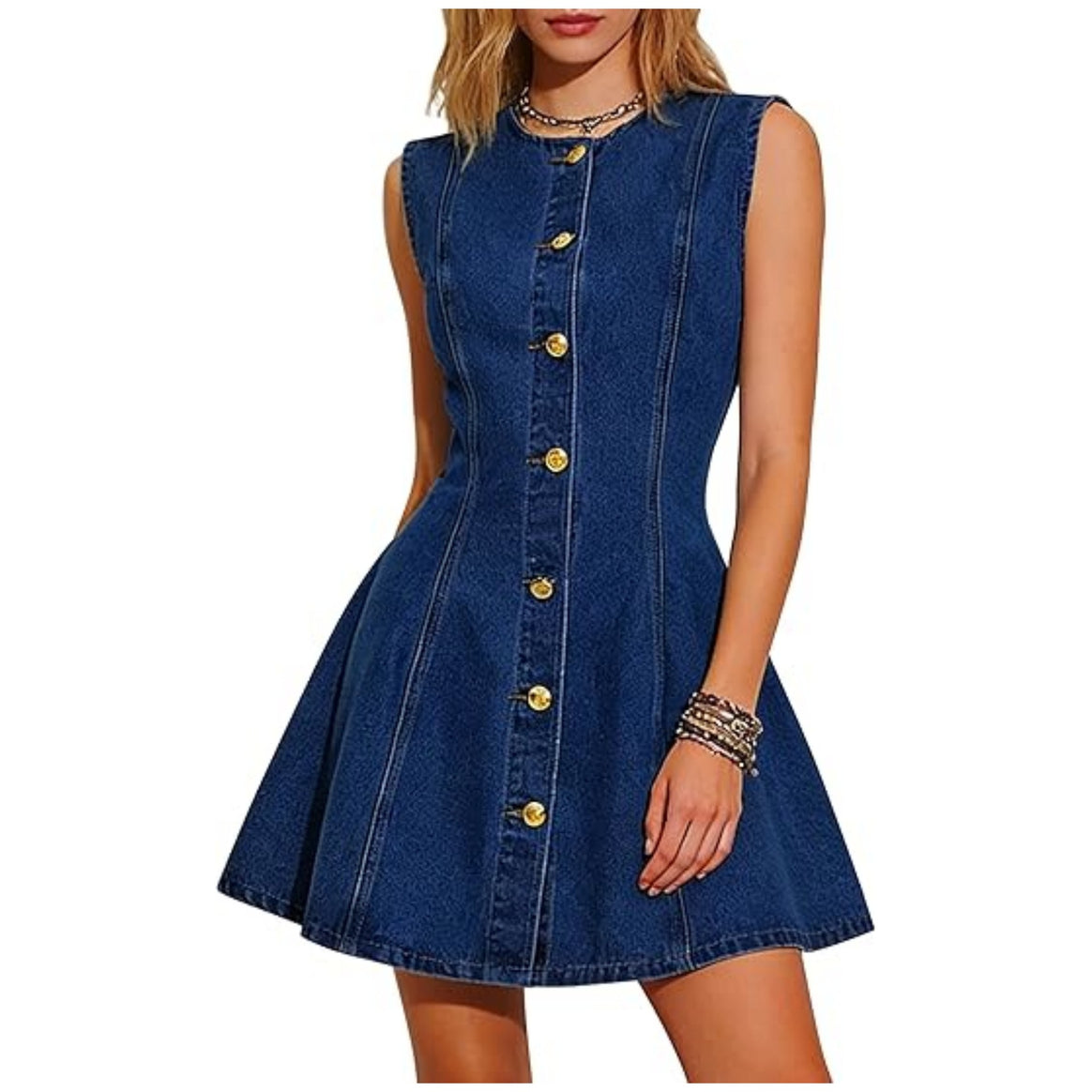 Women's Sleeveless Denim Dress with Tailored A-Line and Continuous Button Placket Mune Fashion