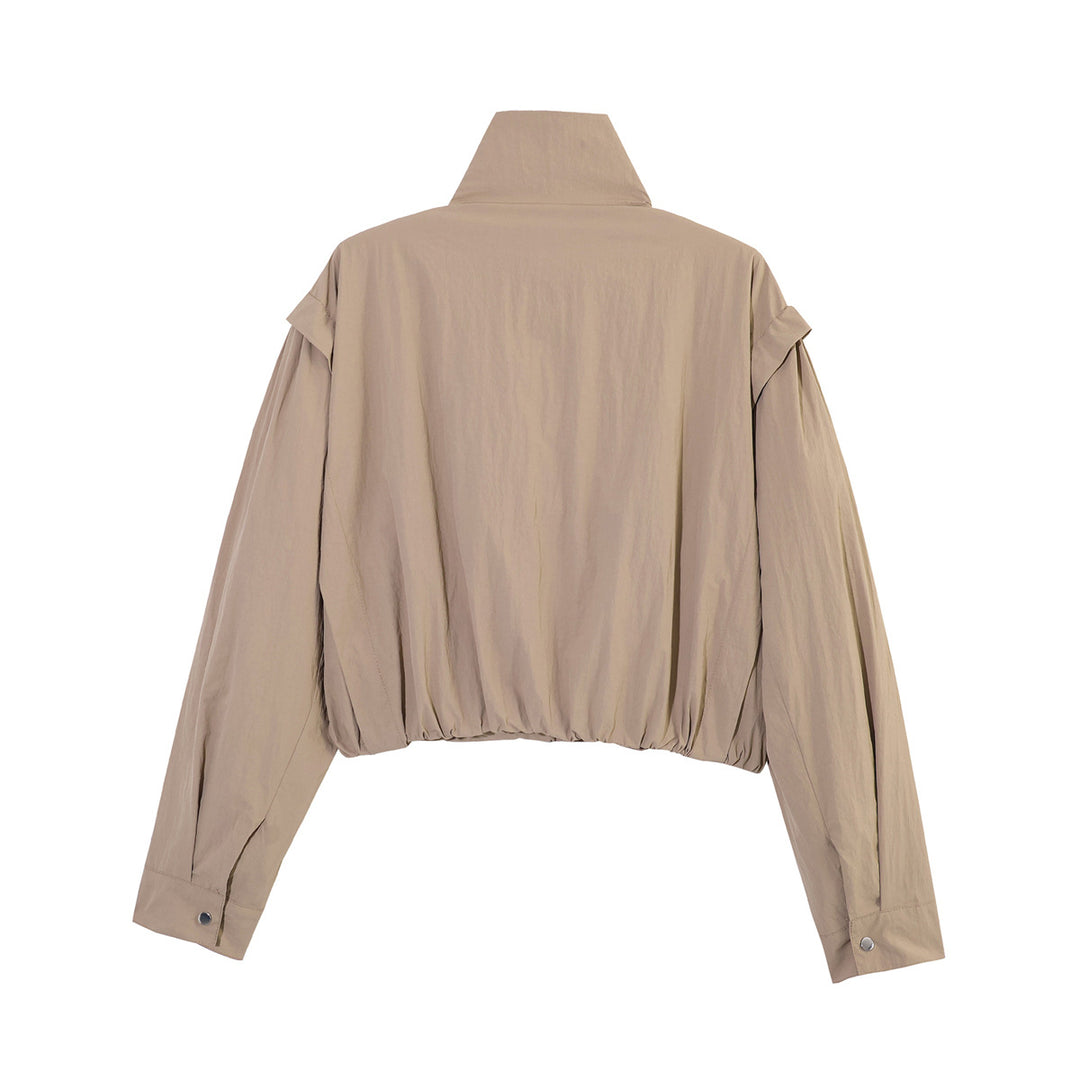 Women's Short Cropped Transitional Jacket with Stand-Up Collar, Gathered Shoulder Yoke and Balloon Sleeves Mune Fashion