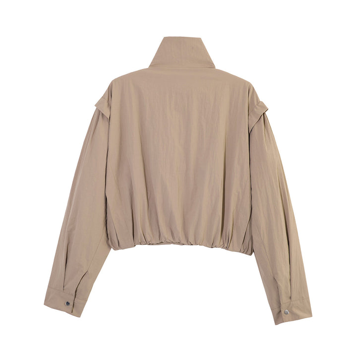 Women's Short Cropped Transitional Jacket with Stand-Up Collar, Gathered Shoulder Yoke and Balloon Sleeves Mune Fashion