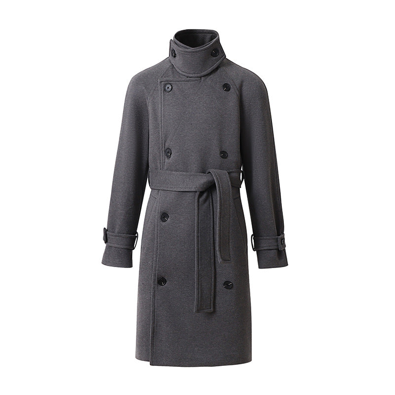 Men's Maxi Length Double-Breasted Wool Blend Coat with High Stand Collar and Tie Belt Mune Fashion