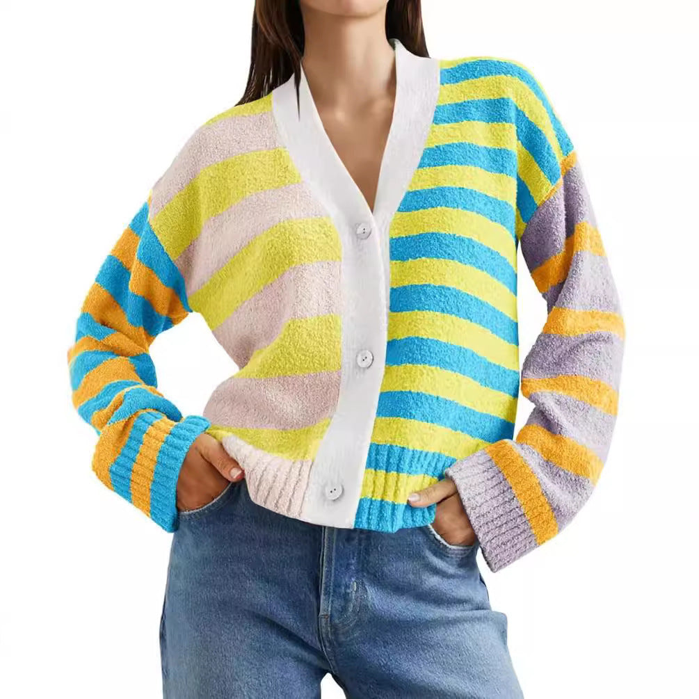 Women’s loose striped terry cardigan with V-neck and button placket Mune Fashion
