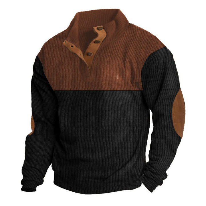 Men's ribbed knit pullover with stand-up collar, button placket and distinctive elbow patches Mune Fashion