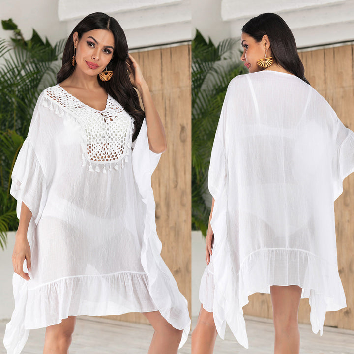 Ladies Crochet Beach Dress with Fringed Hem and Decorative Accents Mune Fashion