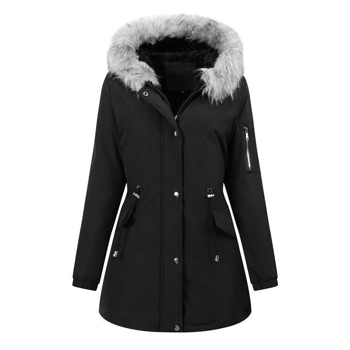 Ladies winter parka with removable faux fur hood and belted drawstring Mune Fashion