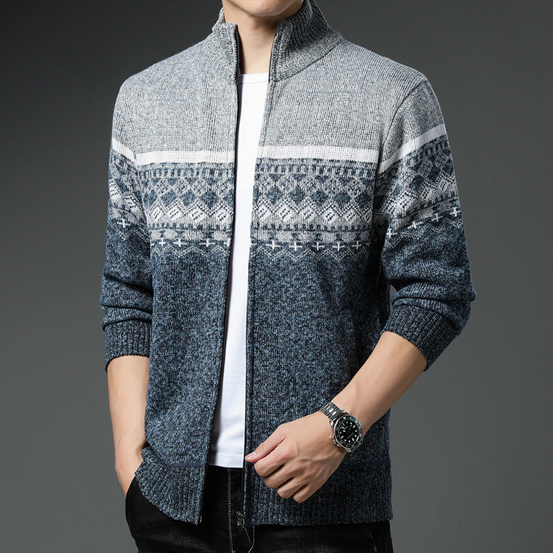 Men's Norwegian Pattern Cardigan with Full Zip and Stand-Up Collar Mune Fashion