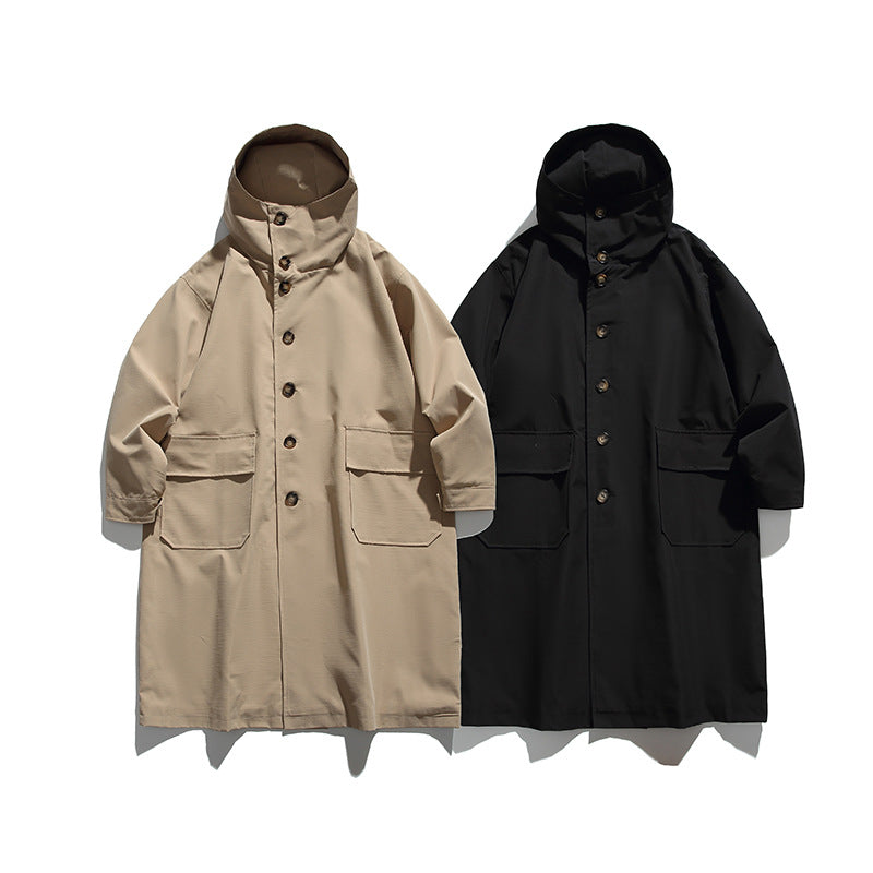 Unisex Longer Hooded Coat in Boxy Cut with Concealed Button Placket and Large Flap Pockets Mune Fashion
