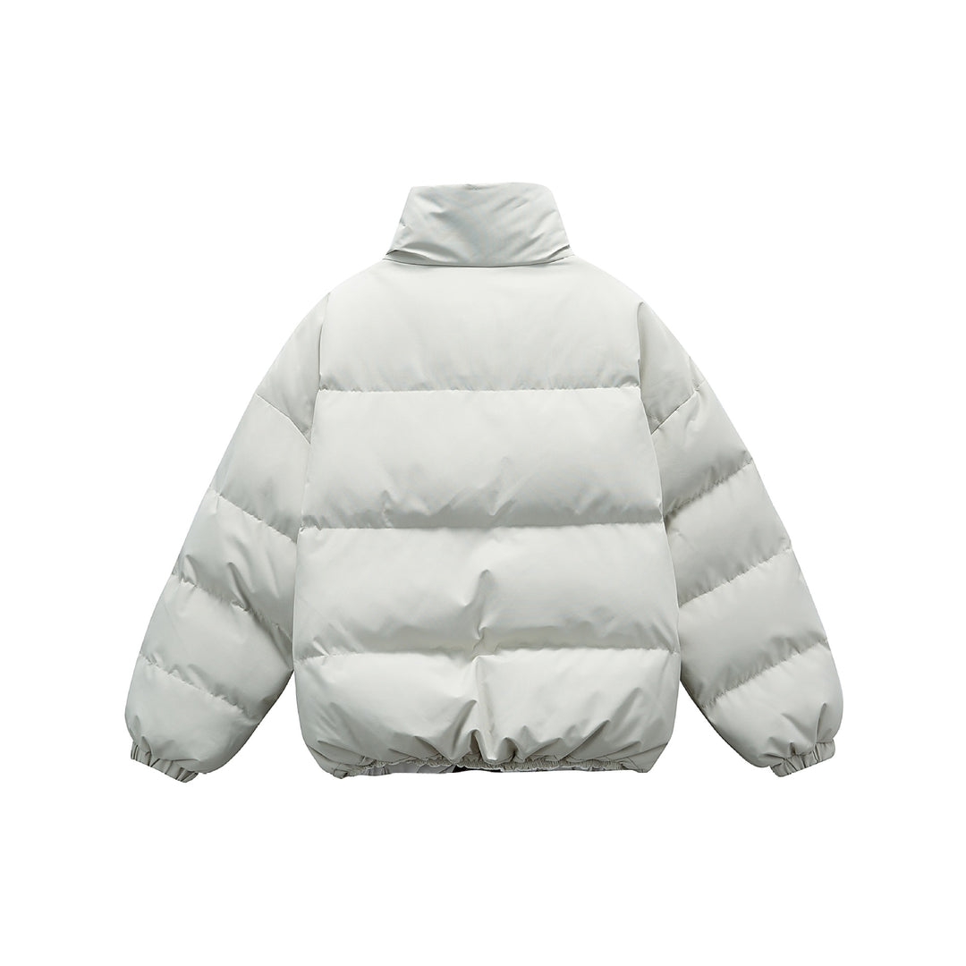 Unisex short boxy padded insulation jacket with extra high stand-up collar and checked lining Mune Fashion