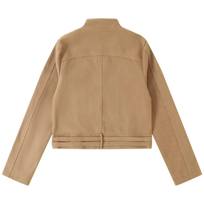 Women's Short Cut Cotton Utility Jacket with Stand-Up Collar Front Zip and Adjustable Waist Straps Mune Fashion