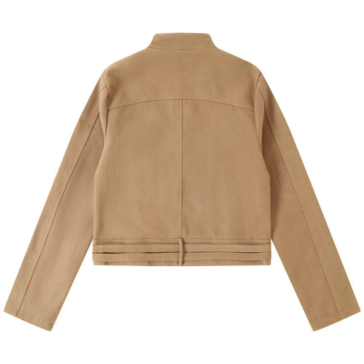 Women's Short Cut Cotton Utility Jacket with Stand-Up Collar Front Zip and Adjustable Waist Straps Mune Fashion