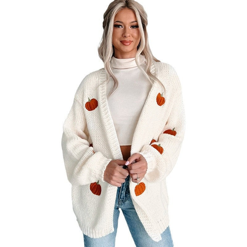 Women Cozy Oversized Knit Cardigan with Pumpkin Embroidery Mune Fashion