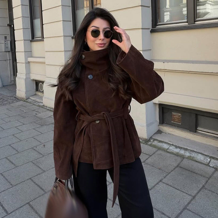Women's short jacket made of suede with a high stand-up collar and tie belt Mune Fashion