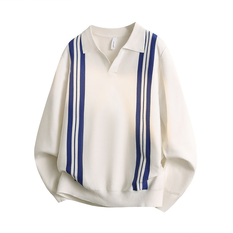 Unisex fine knit polo with open V-neck and vertical contrast stripes Mune Fashion