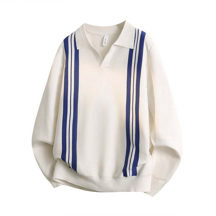 Unisex fine knit polo with open V-neck and vertical contrast stripes Mune Fashion