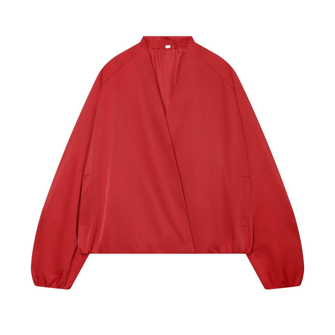 Women's Oversize Cropped Bomber Jacket with Open V-Neck and Elastic Hem Mune Fashion