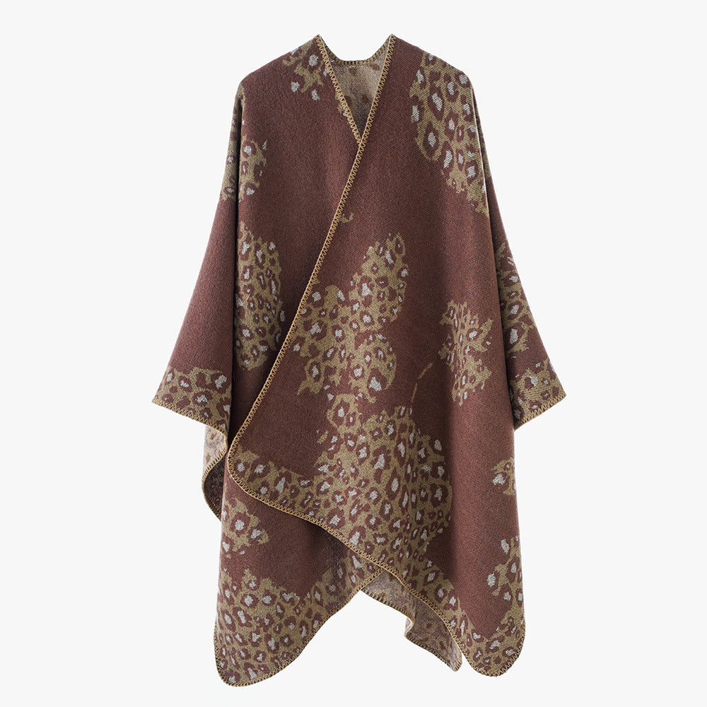 Women's wool look throw with woven leopard jacquard and open pointed edge Mune Fashion