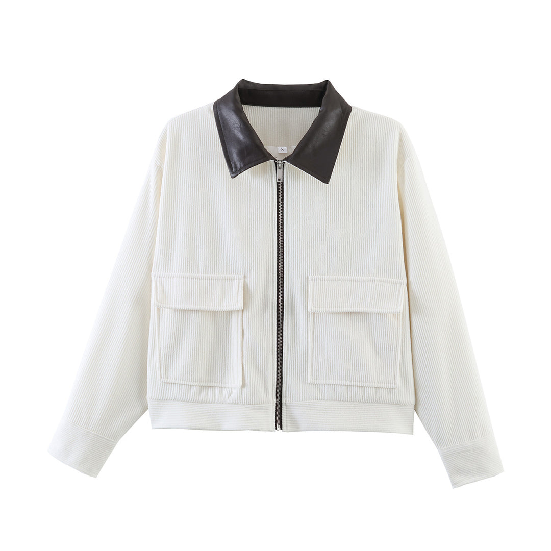 Women Ribbed Short Jacket with Zipper, Patch Pockets and Contrast Faux Leather Collar Mune Fashion