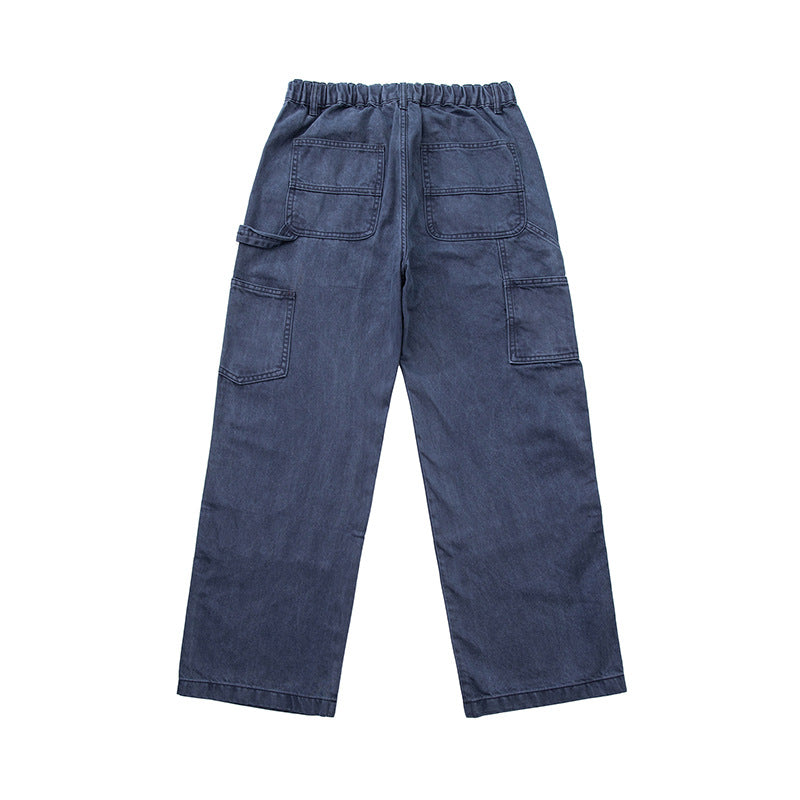 Men's Wide Utility Denim Pants with Drawstring Waistband and Patch Pockets Mune Fashion