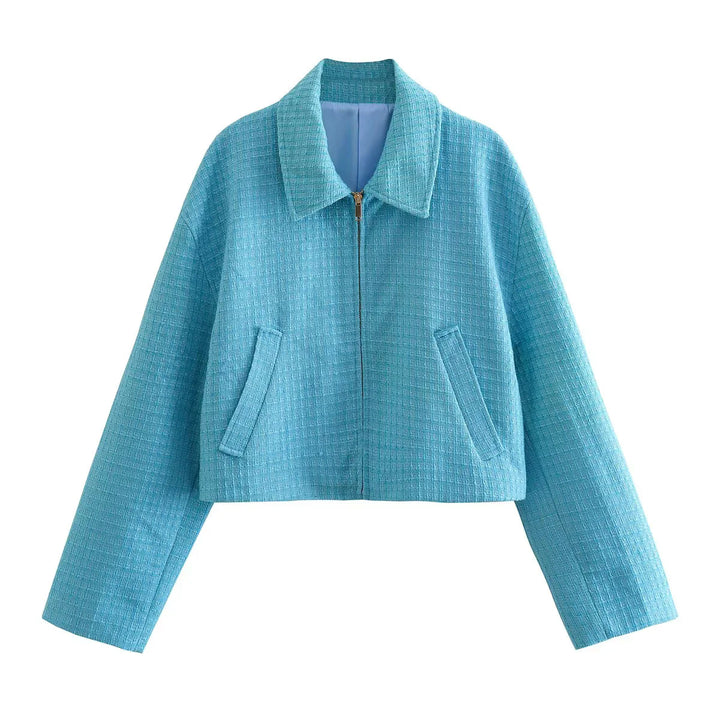 Women's cropped boxy tweed jacket with shirt collar, concealed zipper and piped pockets Mune Fashion