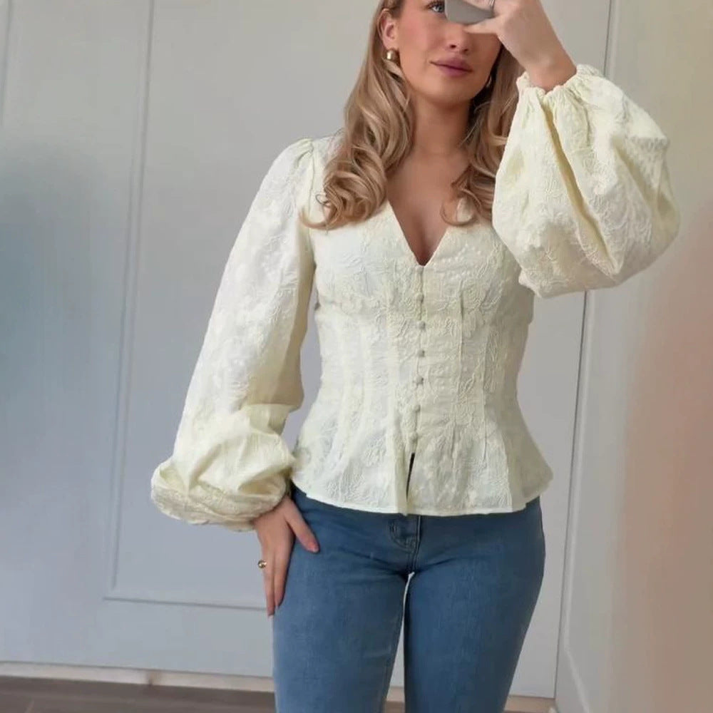 Women's Tailored Lace Blouse in Corset Style with V-Neck, Button Placket and Balloon Sleeves Mune Fashion