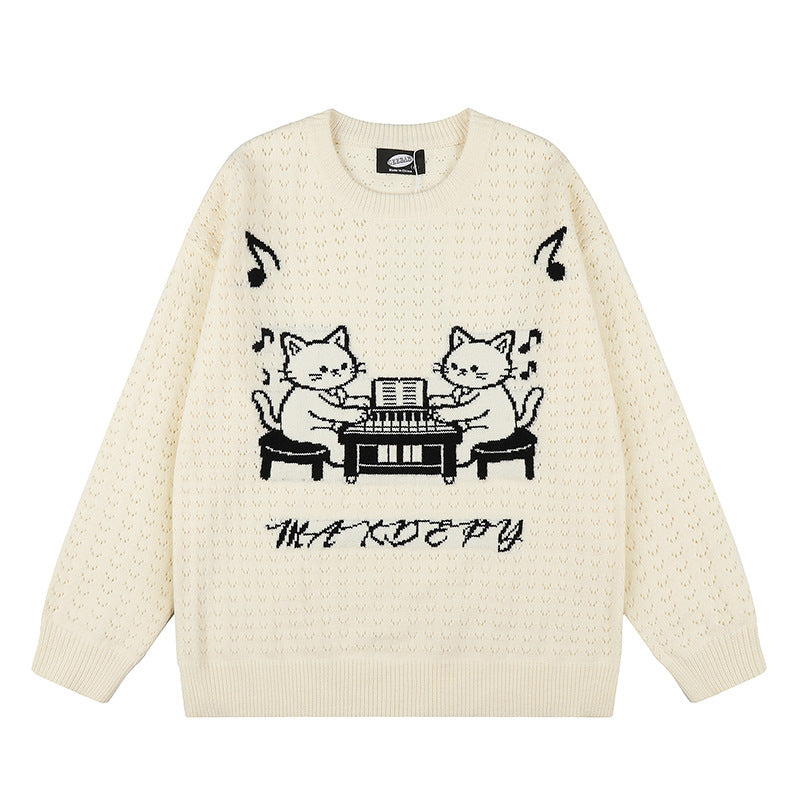 Women's Oversize Knit Sweater with Jacquard Cat Motif and Musical Design Mune Fashion
