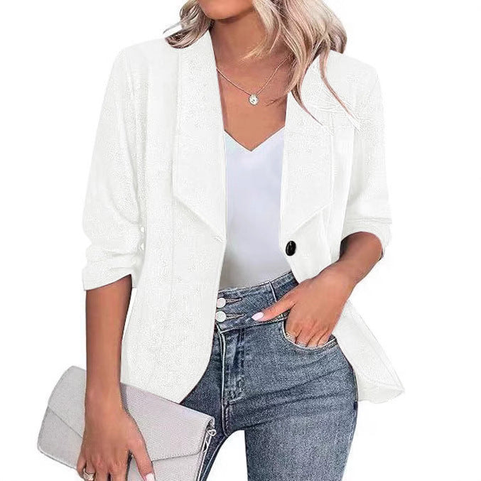 Women's Elegant Glitter Blazer with Waterfall Lapel, Tailored Fit and 3/4 Sleeves Mune Fashion