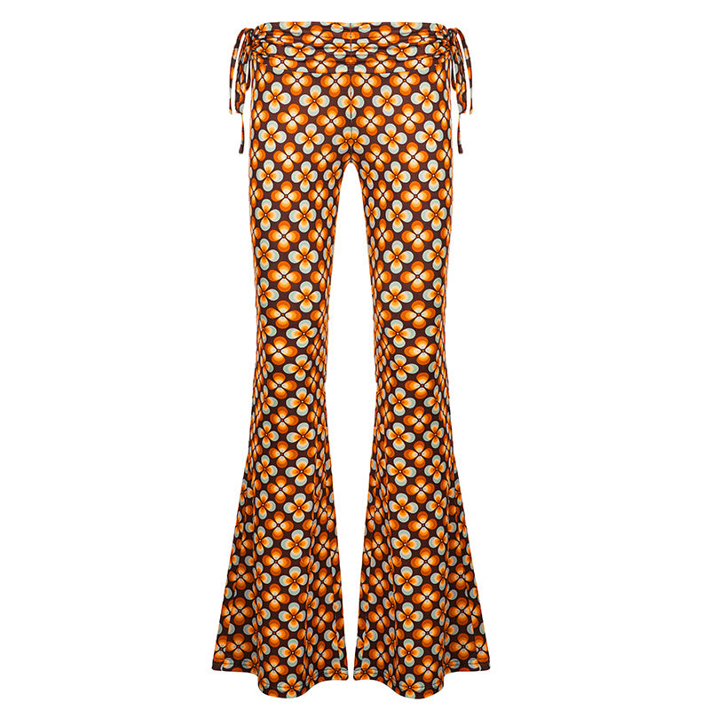 Women's flared high-waisted trousers with side drawstrings and retro floral print Mune Fashion