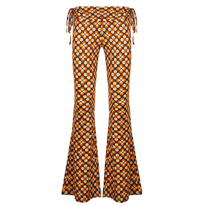 Women's flared high-waisted trousers with side drawstrings and retro floral print Mune Fashion