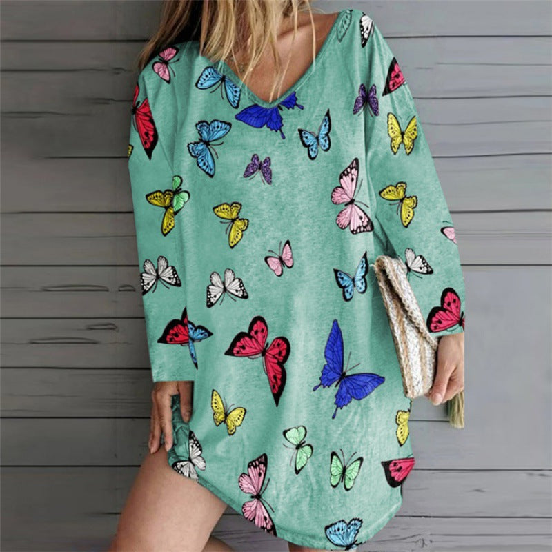 Women Oversize Tunic Dress with V-Neck and Butterfly Print Mune Fashion